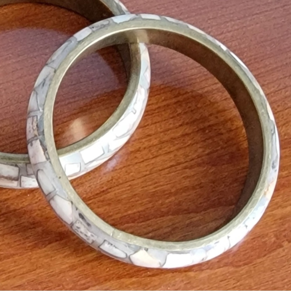 White Mosaic Inlay Bangle Bracelets - Set of 2 - Picture 2 of 3